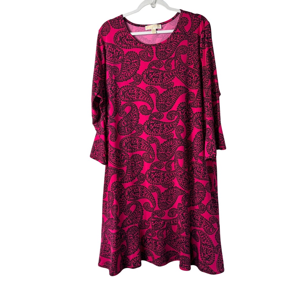 Michael Kors Paisley Midi Dress Womens 2X Pink Black Bell Sleeve Knit A-Line